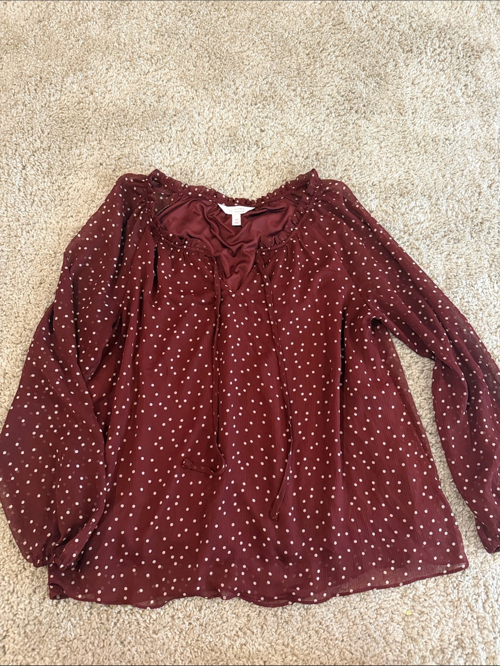 LC Lauren Conrad long Sleeve Burgundy red Polka Dot Peasant Blouse Fall Autumn